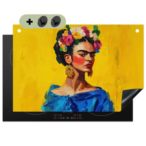 Frida Kahlo - Vrouw - Geel - Blauw - Bloemen Inductie beschemer met haakjes klein -3d
