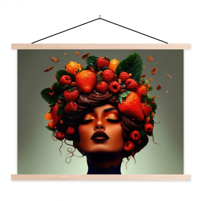 Vrouw - Chocolade - Frambozen - Aardbeien - Koekjes textielposter latten blank klein -3d