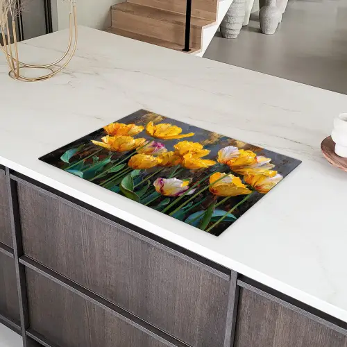 Tulpen - Geel - Penseelstreken - Abstract Inductie beschermer vinyl 3mm klein -sfeer8