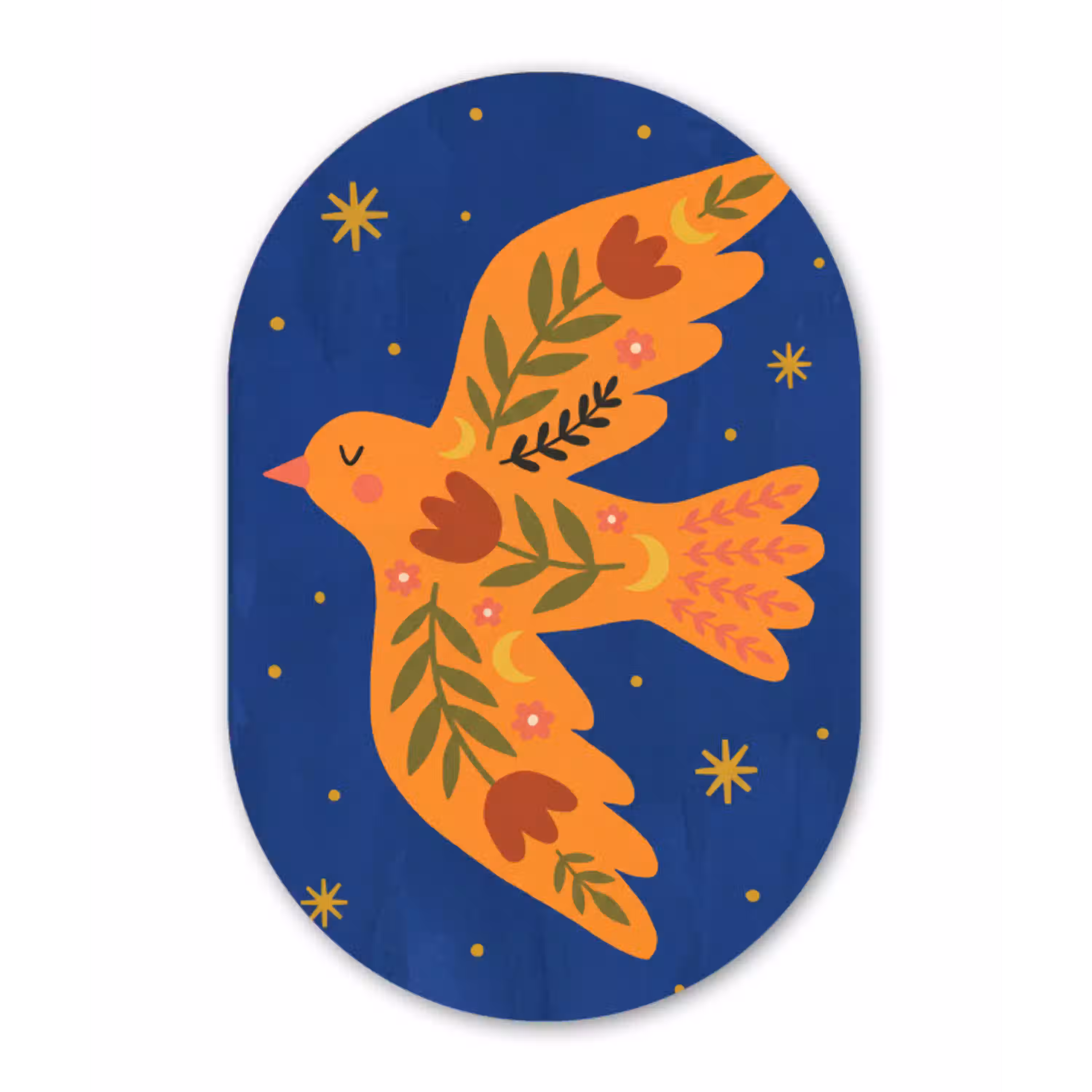 Vogel - Bloemen - Decoratief - Oranje - Blauw Wandcirkel Ovaal Glas middel -3d