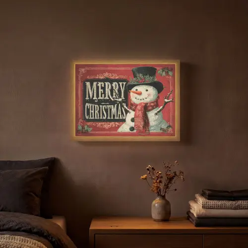 Klassiek - Kerstgroet - Sneeuwpop - Rood Light Box met batterij (Wandlamp) middel -sfeer4