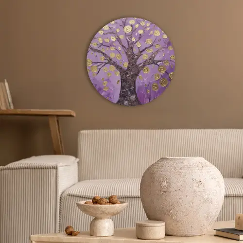Levensboom - Boom - Paars - Goud - Modern Akoestische PET Vilt - Rond klein -sfeer1