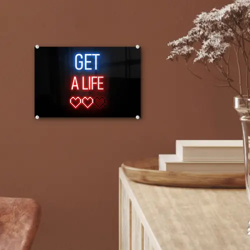 Gaming - Tekst - Get a life - Neon - Zwart plexiglas 5mm klein -sfeer5