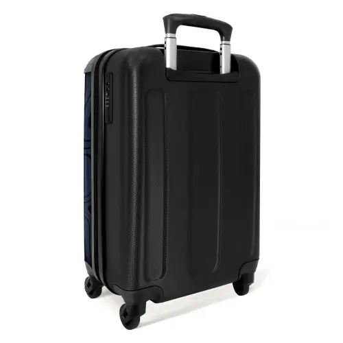 Donkerblauwe achtergrond met abstracte zwarte lijnen NBS - Handbagage koffer - Kinderen Unisex middel -achterkant