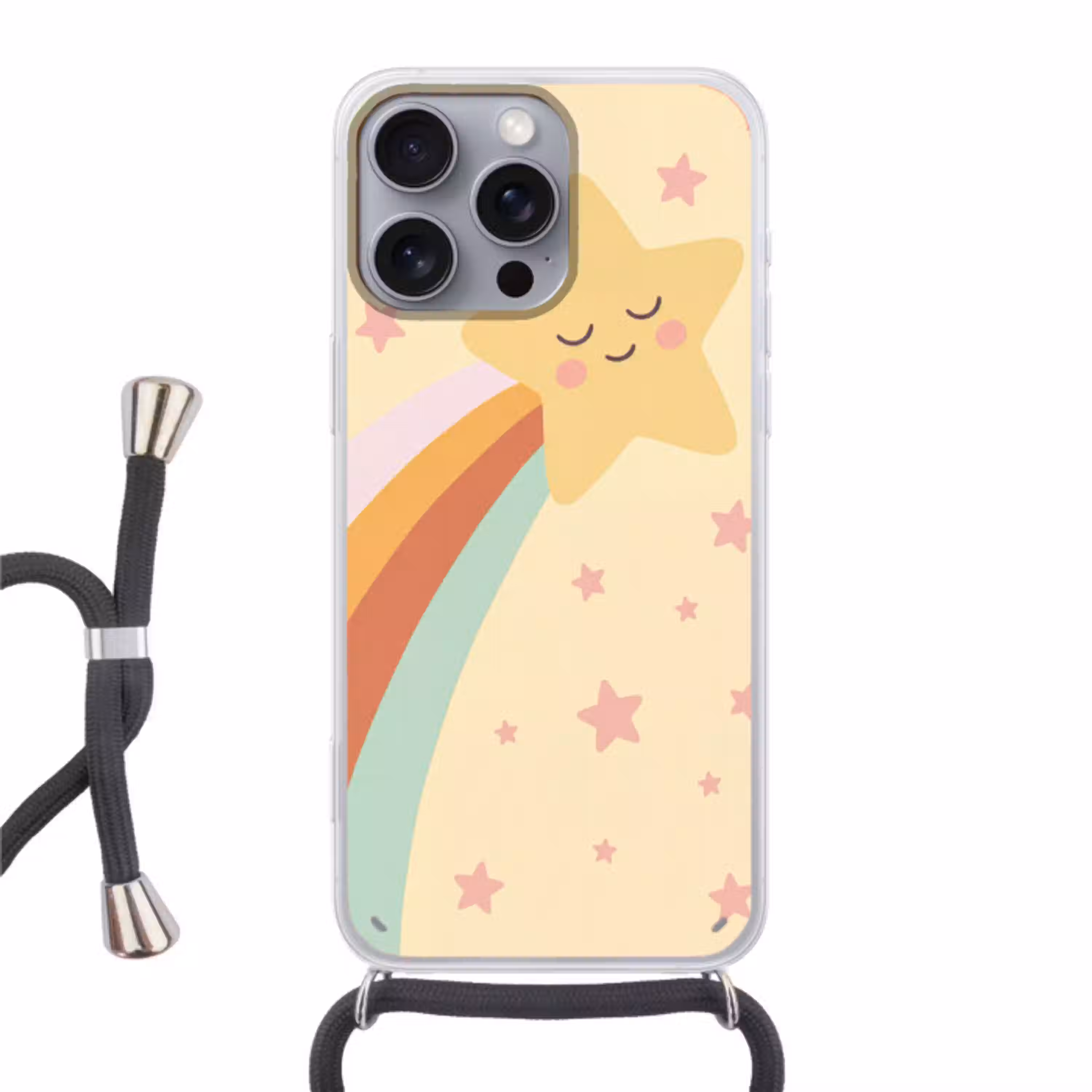Ster - Regenboog - Nacht - Illustratie - Pastel Hoesje iPhone 16 Pro Max met koord klein -3d