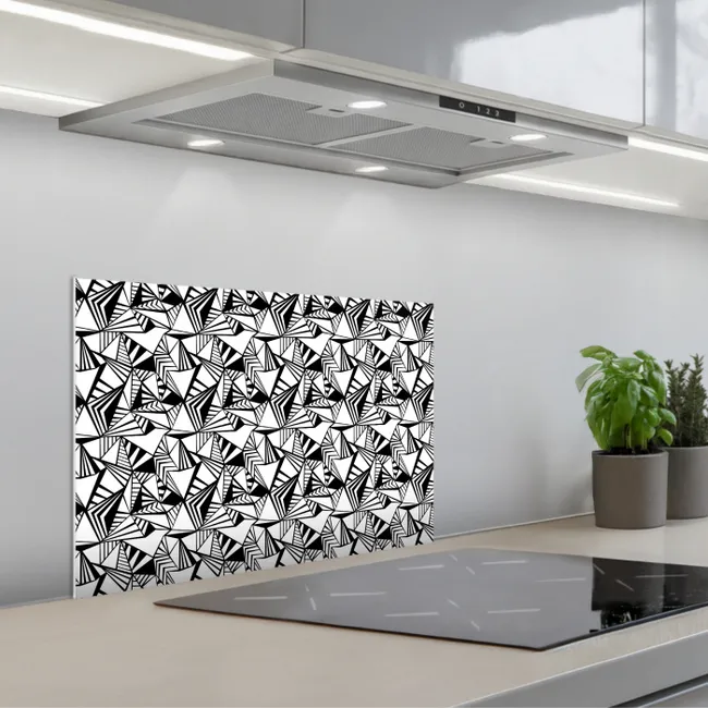 Geometrie - Driehoeken - Zwart - Wit keuken achterwand spatscherm klein 900 -3d_schuin