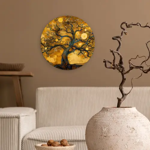 Boom - Levensboom - Abstract - Goud Wandcirkel kunststof plaat 5mm dik klein -sfeer1