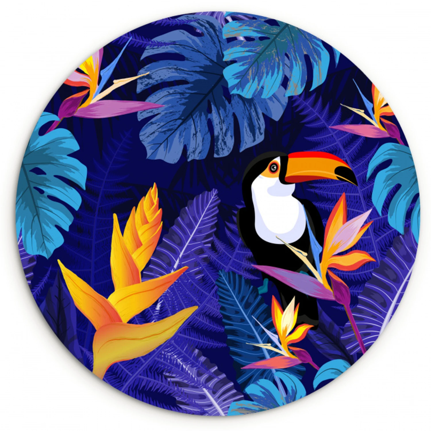 Jungle - Toekan - Bloemen - Planten - Kinderen - Paars - Dieren Wandcirkel kunststof plaat 5mm dik klein -3d