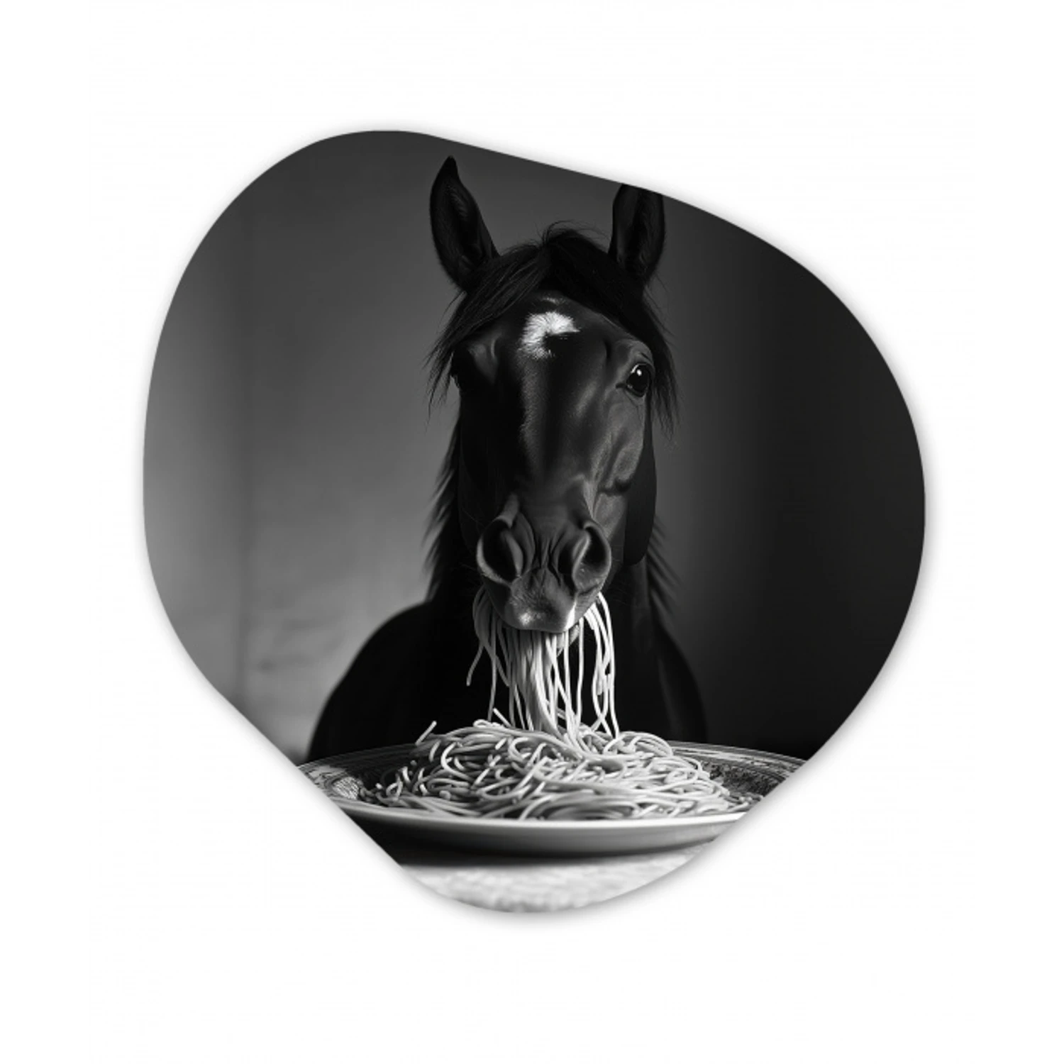 Paard - Bord - Pasta - Tafelkleed - Zwart Wit - Dieren Wandcirkel Organisch Plexiglas middel -3d