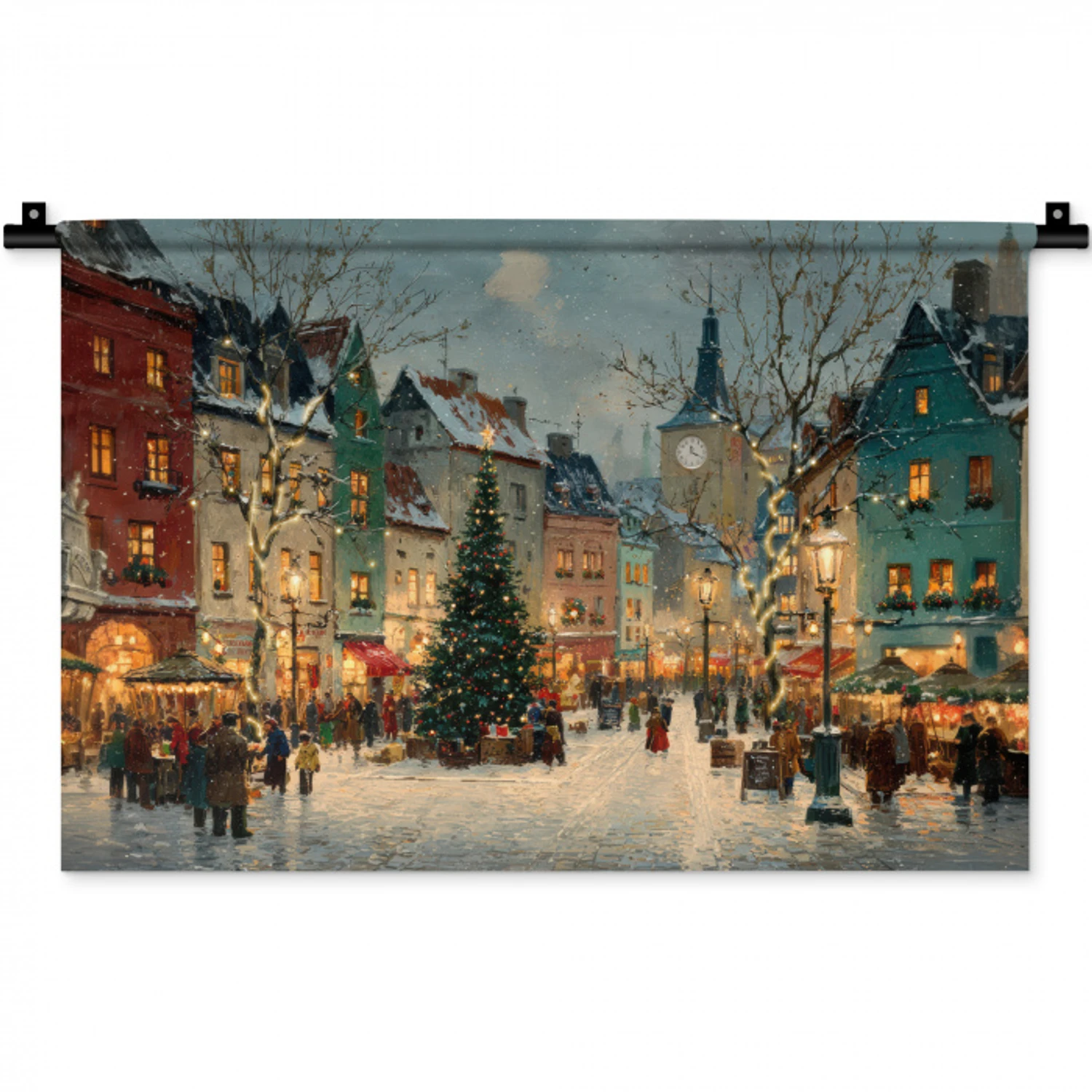Kerstsfeer - Stadsplein - Kleurrijk Wandkleed katoen klein -zz3d