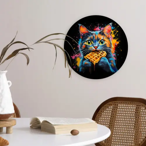 Kat - Graffiti - Kleurrijk - Wafel - Eten Wandcirkel kunststof plaat 5mm dik klein -sfeer4