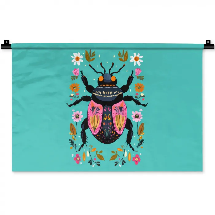 Kever - Bloemmotieven - Turquoise - Bladeren Wandkleed katoen klein -zz3d