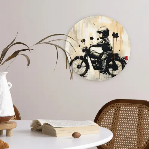 Vintage - Street art - Motor - Jongen - Graffiti - Zwart - Banksy Wandcirkel kunststof plaat 5mm dik klein -sfeer4