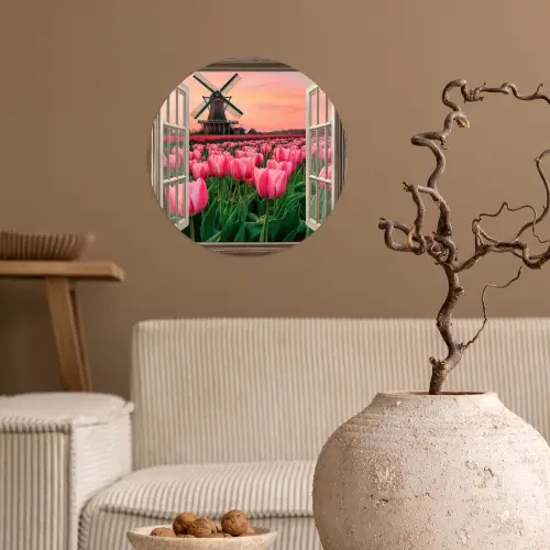 Doorkijk - Tulpen - Bloemen - Molen - Raam Wandcirkel behangsticker klein -sfeer1