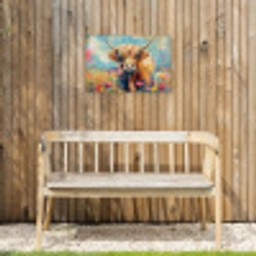 Schotse hooglander - Natuur - Kleurrijk - Bloemen Tuinposter op houten frame 2 cm dik klein -sfeer4
