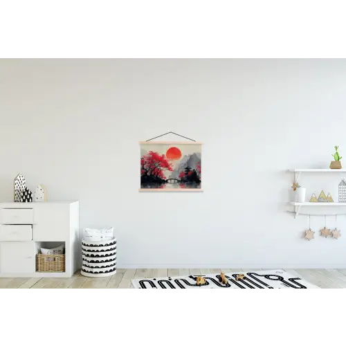 Rode zon - Rivier - brug - Bomen textielposter latten blank klein -kinderkamer