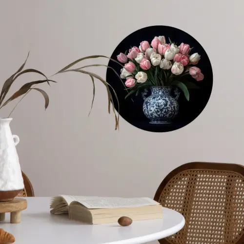 Bloemen - Roze - Tulpen - Vaas Wandcirkel behangsticker klein -sfeer3