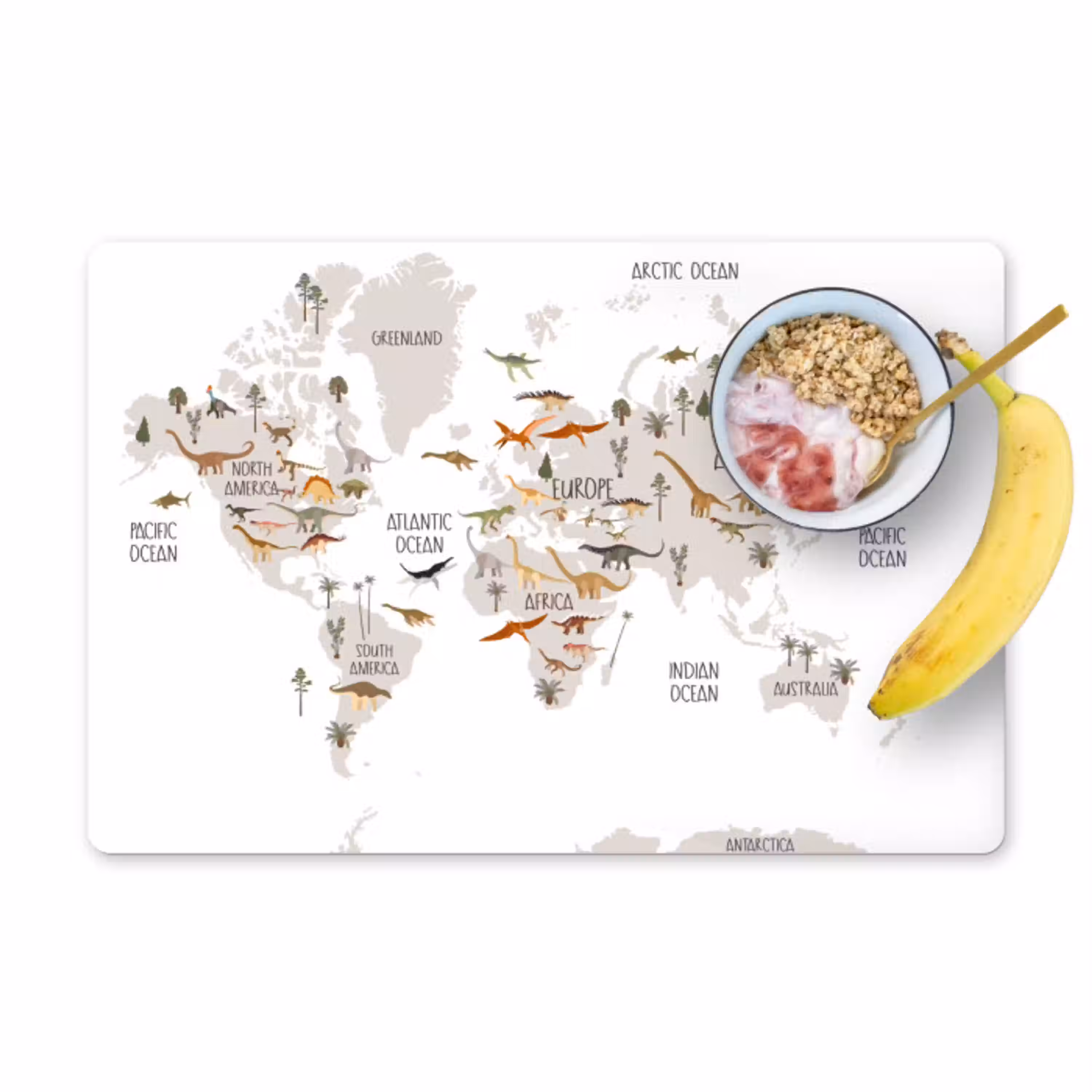 Wereldkaart kinderen - Dinosaurussen - Kinderkamer - Jongens - Meisjes - Kinderen Placemat vinyl groot -zzzproduct_Kitchenyeah-website