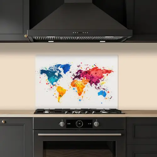 Wereldkaart - Graffiti - Kleurrijk keuken achterwand spatscherm klein -sfeer1