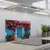 Deur - Hout - Bloemen - Blauw keuken achterwand spatscherm klein -3d_schuin