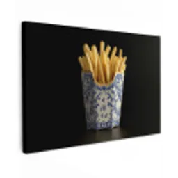 Friet - Porselein - Delfts blauw - Eten Tuinposter op houten frame 2 cm dik klein -3d