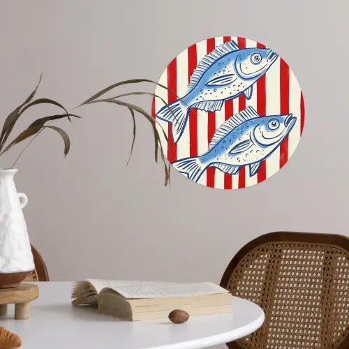 Vissen - Verticale strepen - Blauw - Rood Wandcirkel behangsticker klein -sfeer3