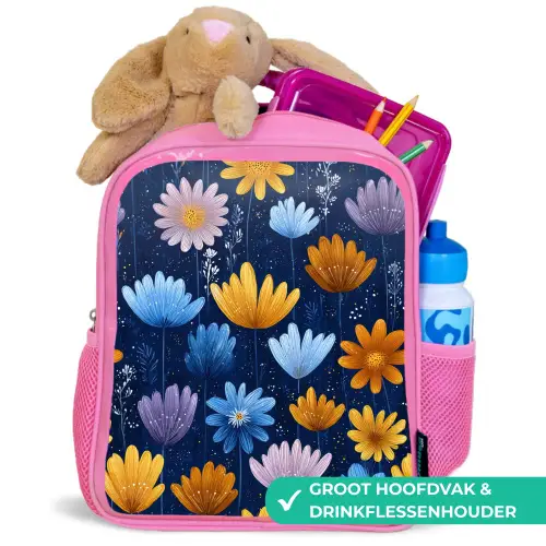 Bloemen - Patroon - Blauw - Contrast Kinderrugzak - Roze middel -inhoud_NL