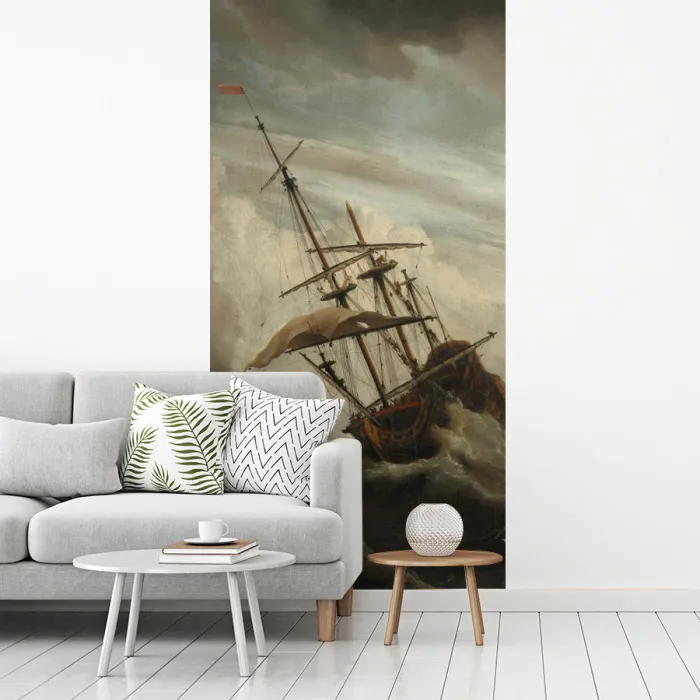 Een schip in volle zee bij vliegende storm - Schilderij van Willem van de Velde fotobehang vinyl groot -woonkamer