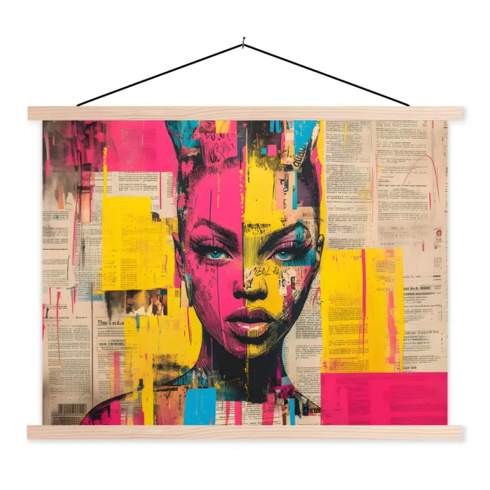 Vrouwengezicht - Krantenpapier - Abstract - Roze textielposter latten blank klein -3d
