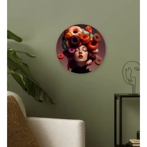 Vrouw - Donuts - Kleurrijk Wandcirkel kunststof plaat 5mm dik klein -sfeer3