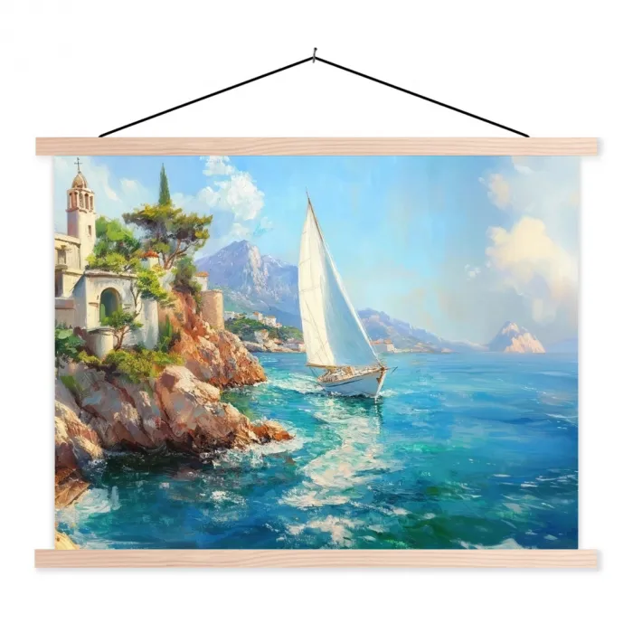 Zeilboot - Rotsen - Kust - Huizen textielposter latten blank klein -3d