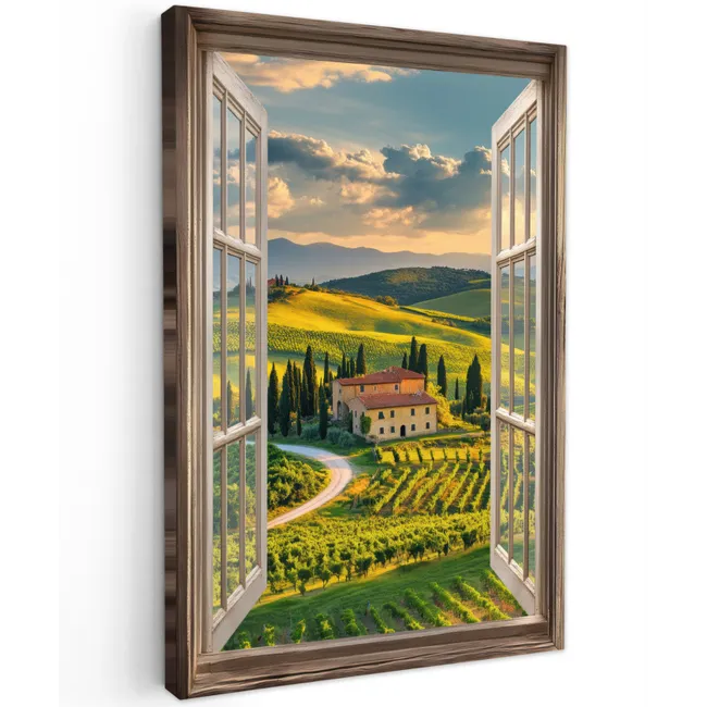 Doorkijk - Toscane - Uitzicht - Landschap - Zomer Tuinposter op houten frame 2 cm dik klein -3d