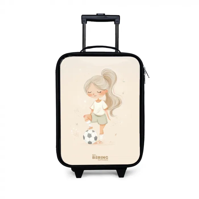 Meisje met een voetbal in beige kleuren Kinderkoffer - Zwart klein -3d