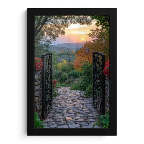 Landschap - Hek - Pad - Zonsondergang - Natuur fotolijst zwart zonder passe partout klein -3d