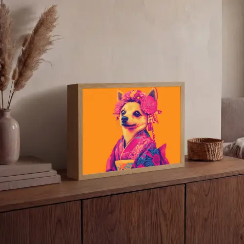 Kimono - Hondje - Bloemenkroon - Oranje Light Box met batterij (Wandlamp) middel -sfeer2