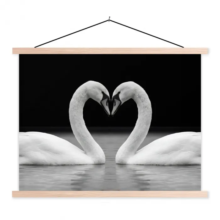 Zwanen - Hart - Zwart - Wit textielposter latten blank klein -3d