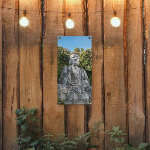 Stenen Boeddha in de ochtendzon tuinposter los doek klein -sfeer1