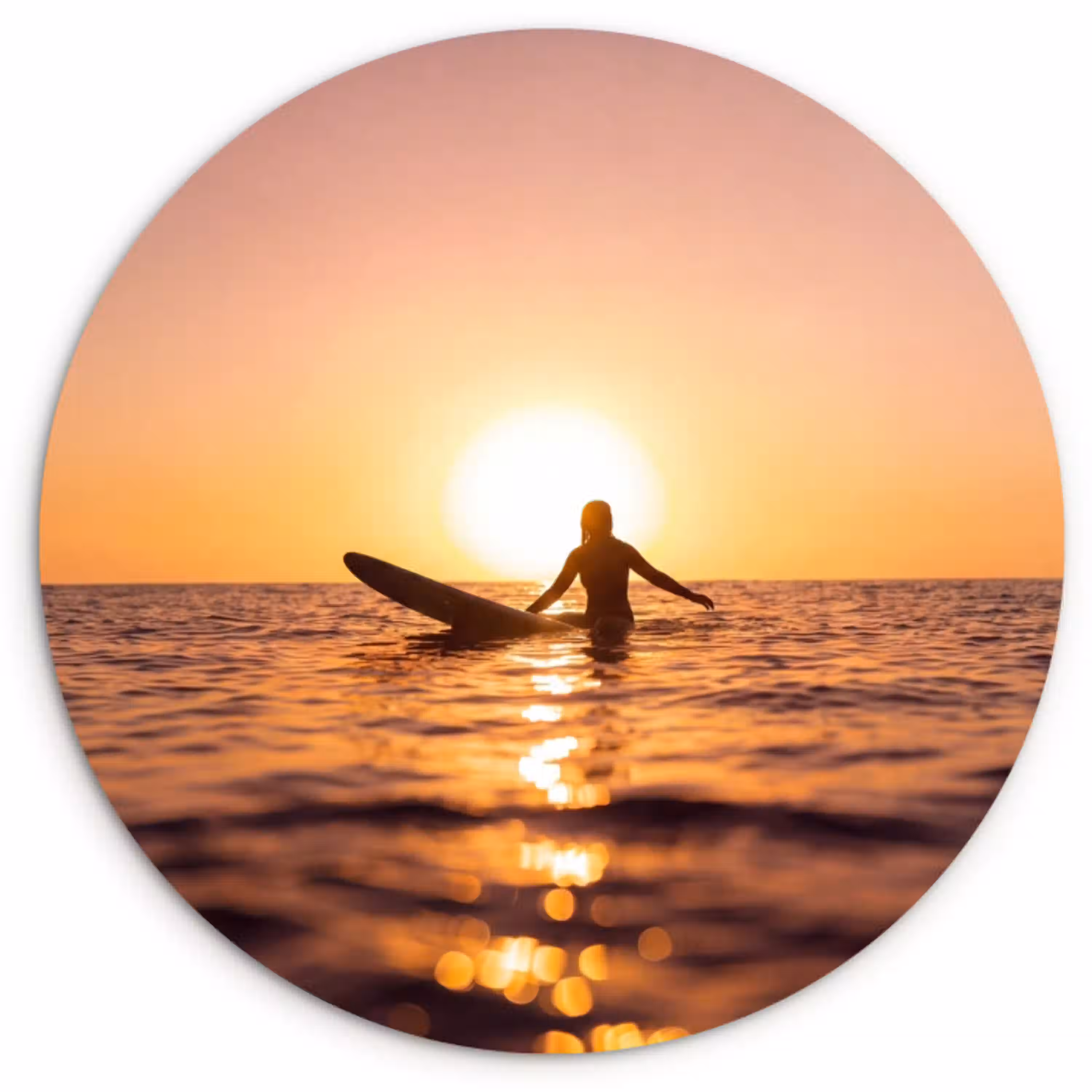 Persoon - Surfen - Zonsondergang - Zee - Oranje Wandcirkel kunststof plaat 5mm dik klein -3d