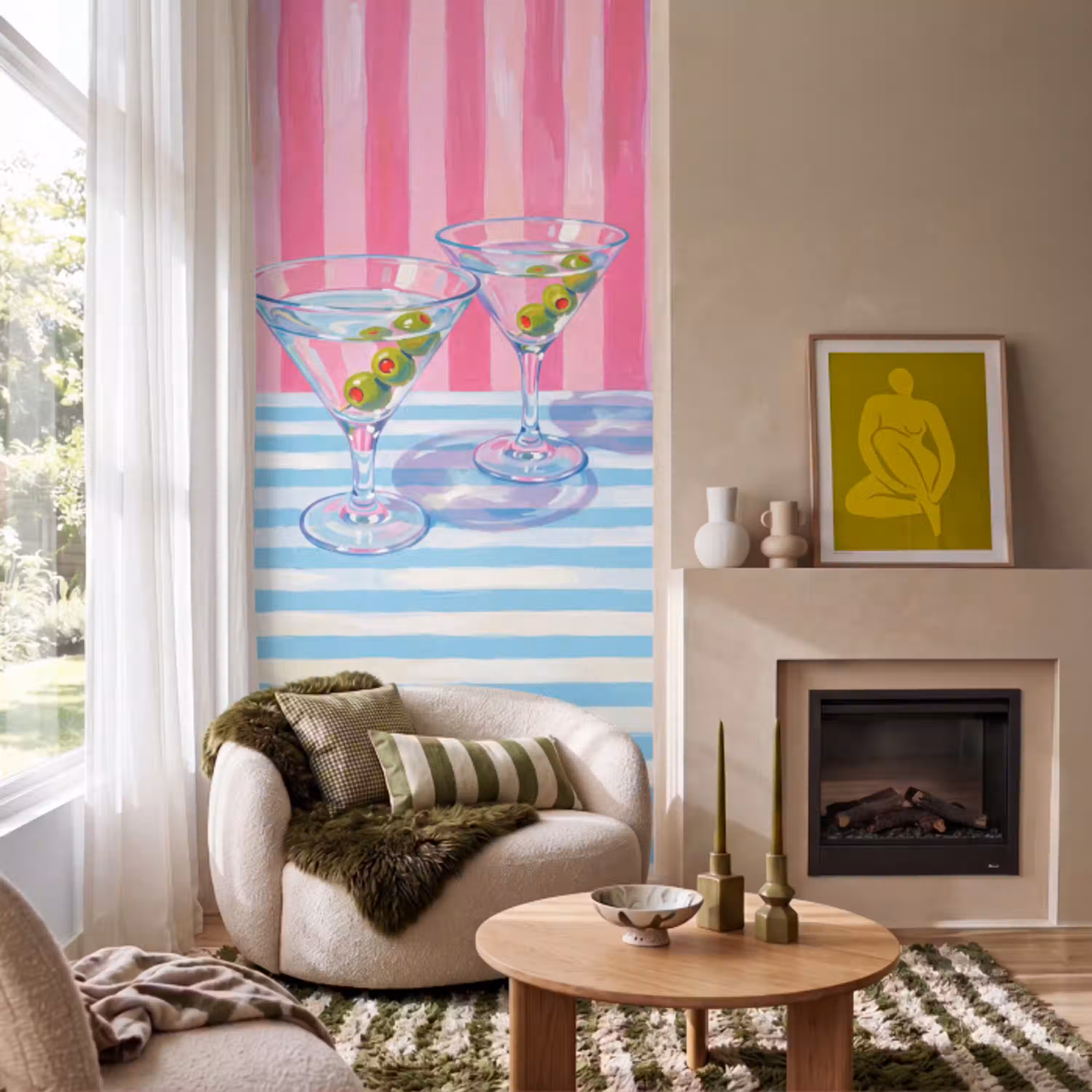 Cocktail - Olijven - Kunst - Modern - Roze Behang Vlies klein -sfeer2