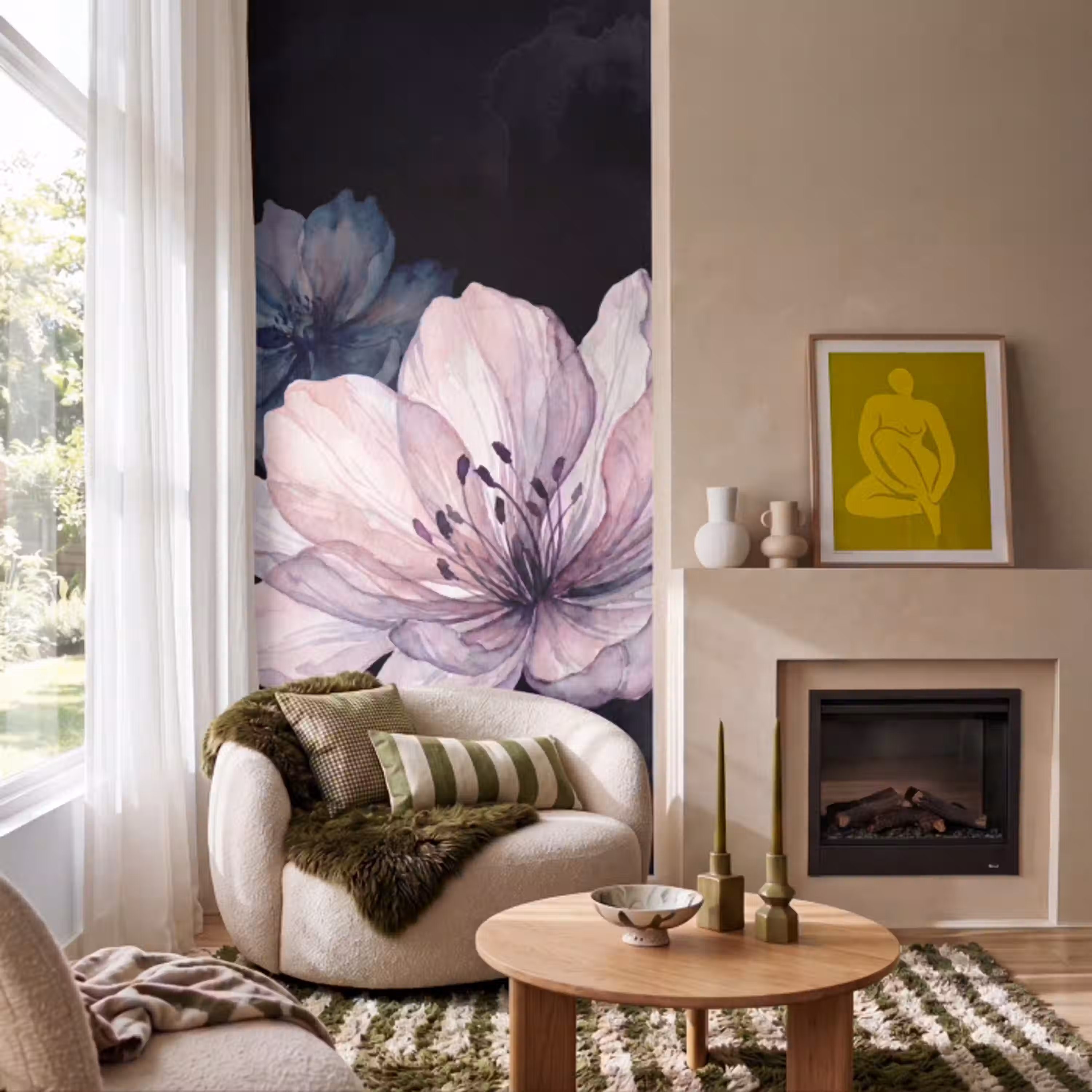 Bloemen - Aquarel - Modern - Roze - Donker Behang Vlies klein -sfeer2