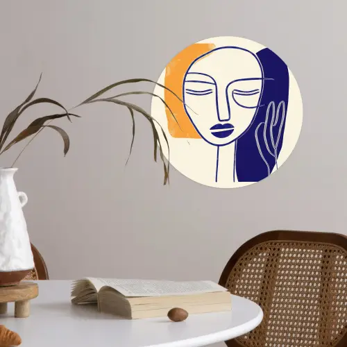Minimalistisch - Gezicht - Hand - Oranje - Blauw Wandcirkel behangsticker klein -sfeer3