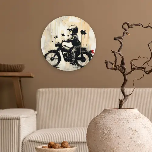 Vintage - Street art - Motor - Jongen - Graffiti - Zwart - Banksy Wandcirkel kunststof plaat 5mm dik klein -sfeer1