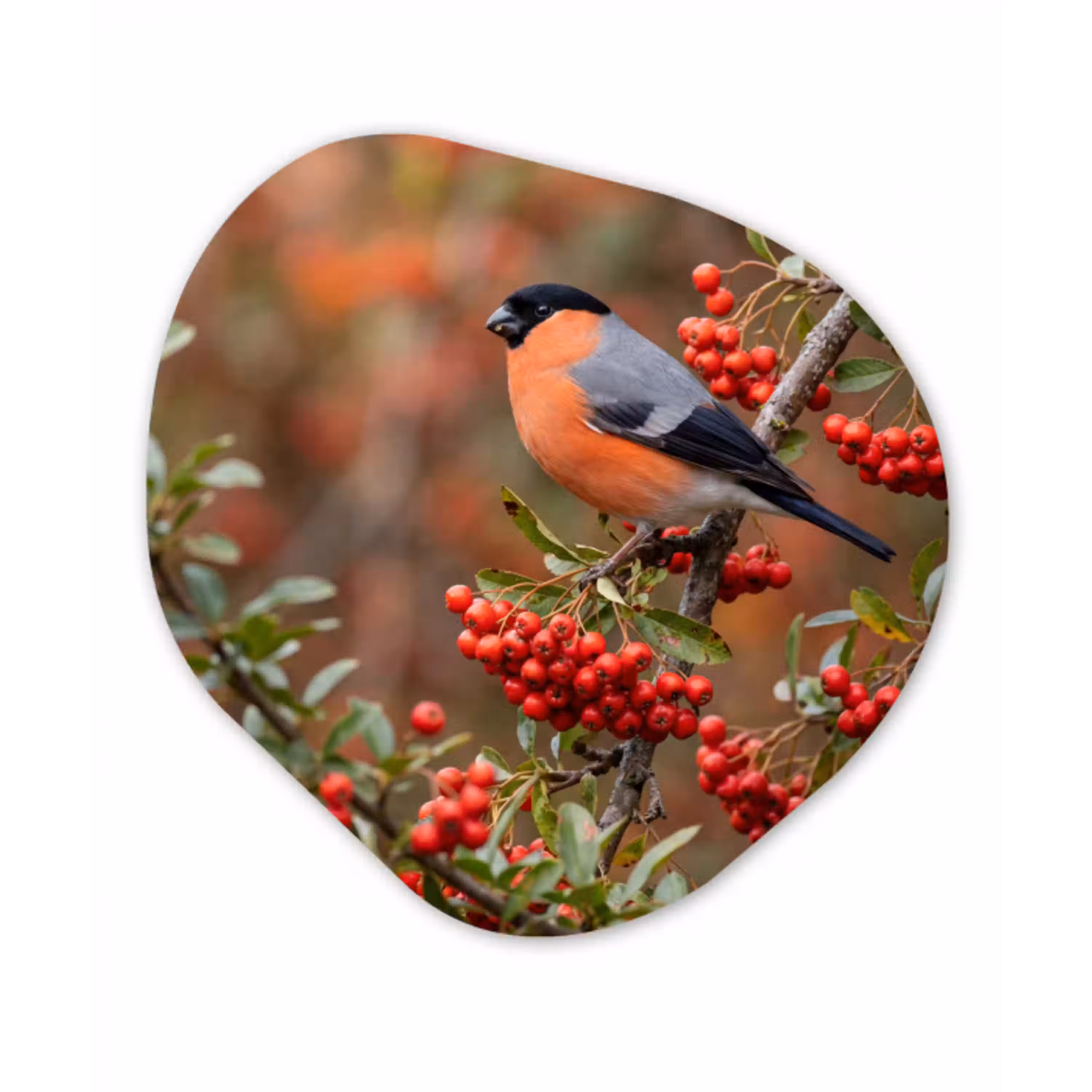 Goudvink - Bessen - Herfst - Natuur - Kleurrijk Wandcirkel Organisch Aluminium middel -3d