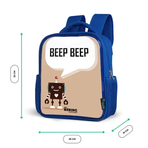 Donkerbruine robot met een tekst Kinderrugzak - Blauw middel -productfoto_formaten