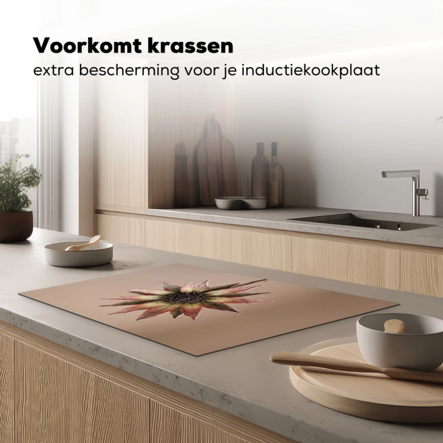 Droogbloem - Protea - Vintage - Beige - Rustiek Inductie beschermer vinyl 3mm klein -sfeer1