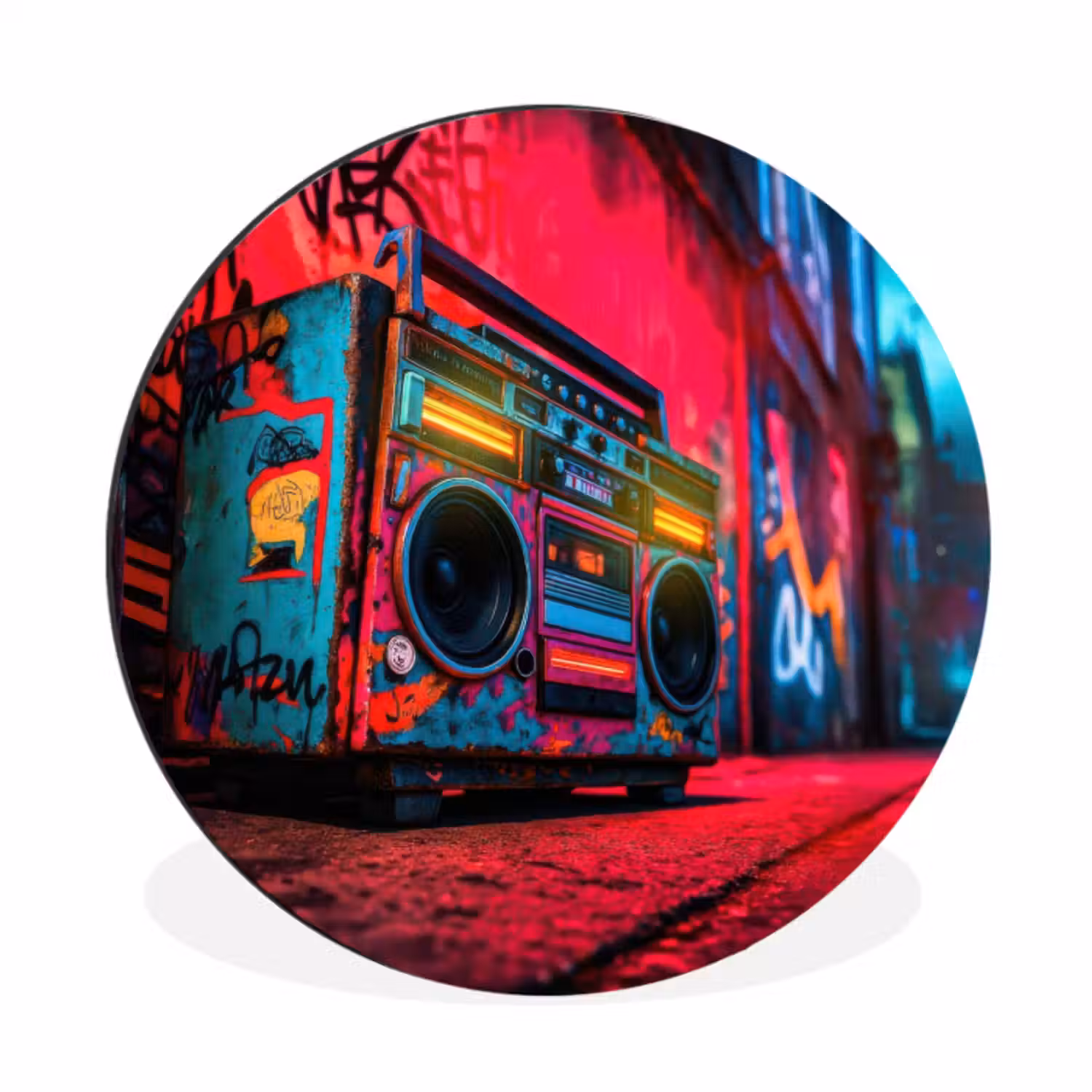 Wandcirkel Aluminium – Boombox - Rood - Graffiti - Neon