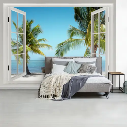 Doorkijk - Strand - Palmboom - Boot - Tropisch - Zee - Blauw fotobehang vinyl groot -slaapkamer