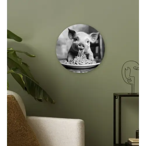 Varken - Schattig - Spaghetti - Zwart wit - Dier Wandcirkel plexiglas klein -sfeer3