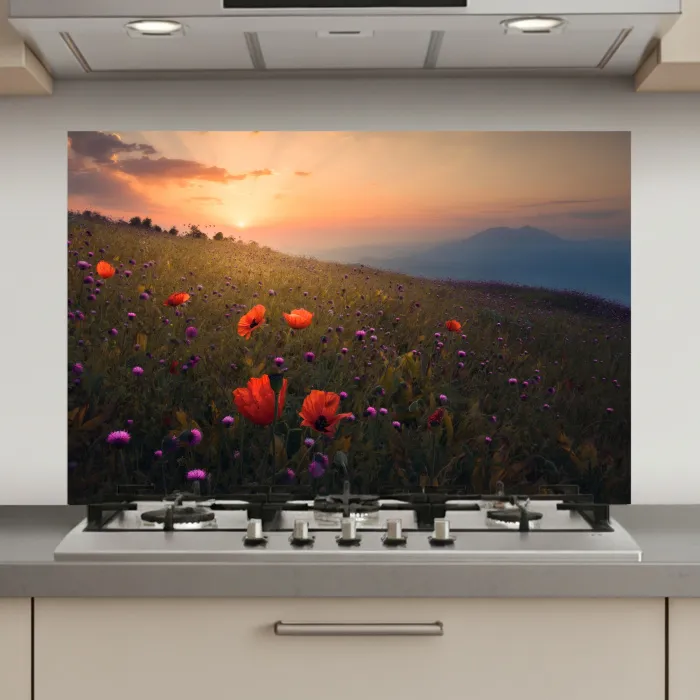 Bloemenveld - Gras - Bloemen - Planten - Zonsondergang - Oranje keuken achterwand spatscherm klein -3d_website