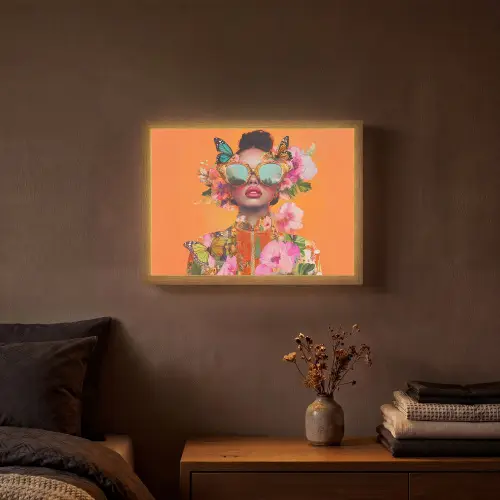 Vlinders - Vrouw - Zonnebril - Kleurrijk Light Box met batterij (Wandlamp) middel -sfeer4